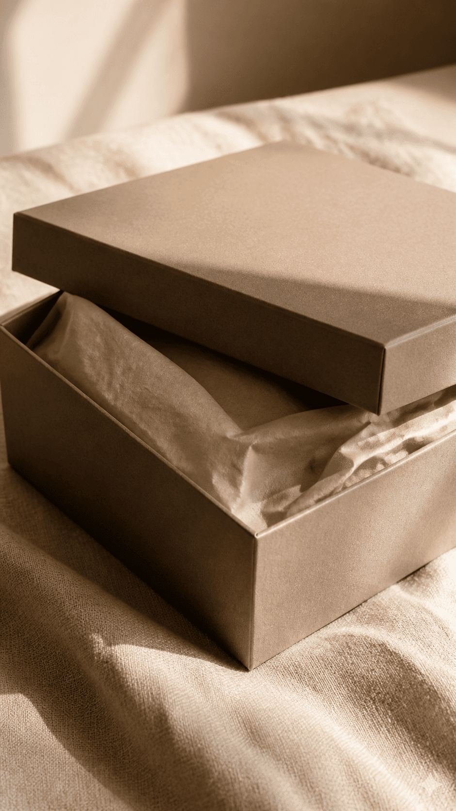 Matte unbranded product box on linen with tissue paper folds.