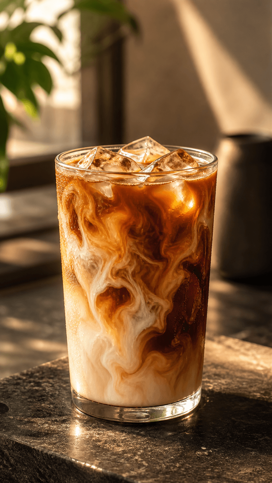 Iced coffee glass on dark stone with cream swirl and condensation.