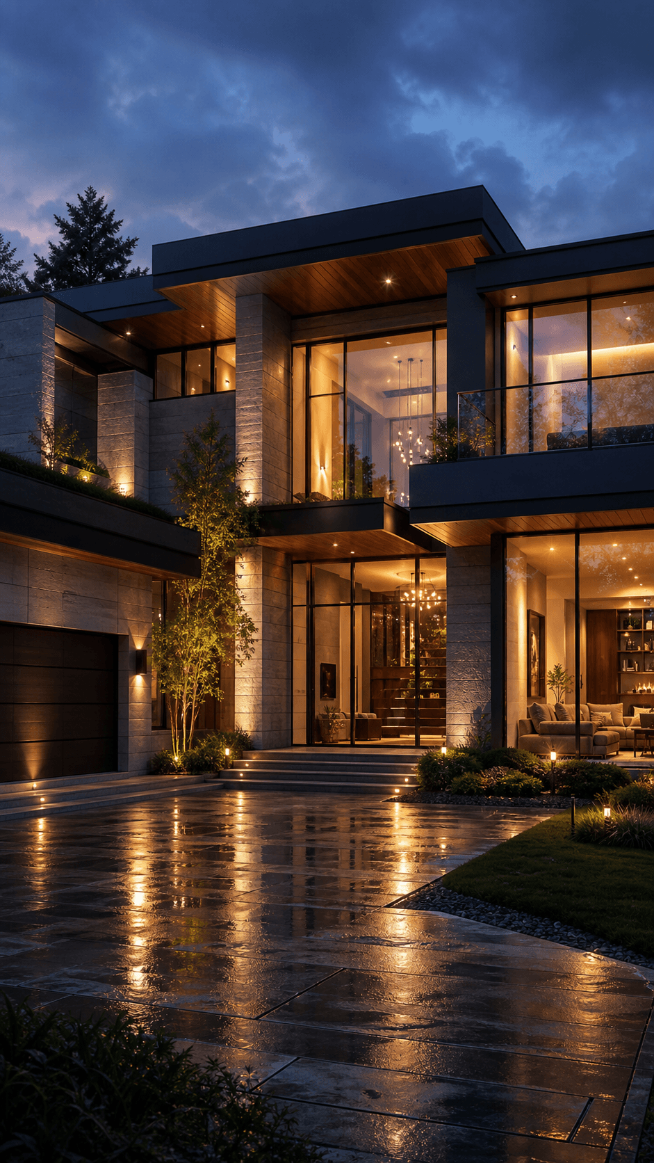 Fictional modern luxury house at twilight with warm interior lights.