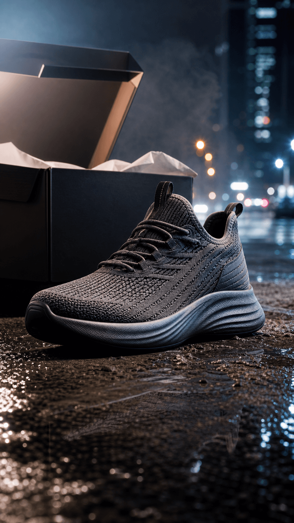 Unbranded sneaker on wet concrete with dramatic product lighting.