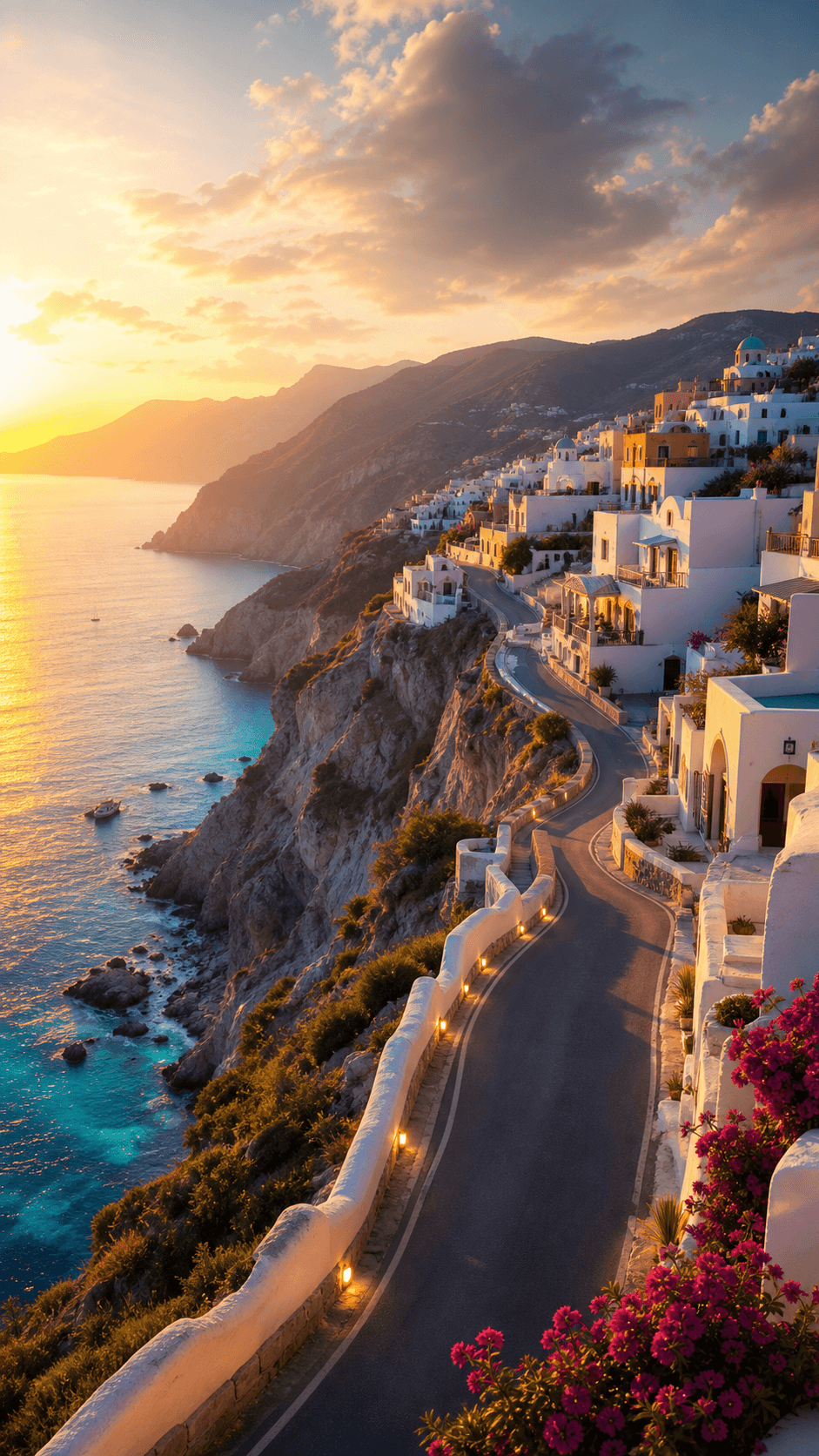 Fictional coastal cliff town at sunrise above turquoise water.